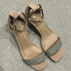 Aldo Nude Blush Ankle-Strap Heels with Rhinestone Toe Band